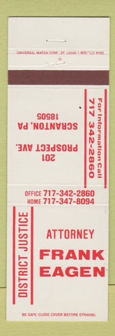 Matchbook Cover - Attorney Frank Eagen District Justice Scranton PA