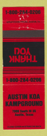 Matchbook Cover - Austin KOA Camping Austin TX