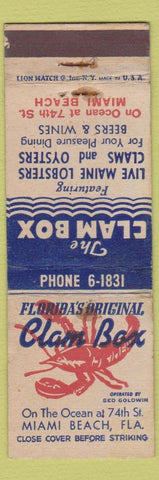 Matchbook Cover - Clam Box Miami Beach FL lobster WORN