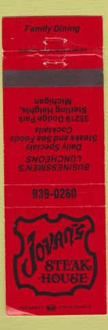 Matchbook Cover - Jovan's Steak House Sterling Heights MI WEAR