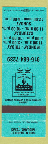 Matchbook Cover - Dos Compadres Mexican Restaurant Midland TX