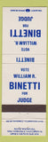 Matchbook Cover - William R Binetti Judge election Racine WI
