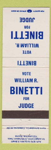 Matchbook Cover - William R Binetti Judge election Racine WI