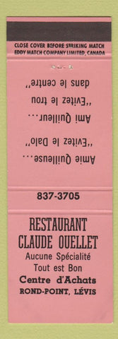 Matchbook Cover - Restaurant Claude Ouellet Rond Point Levis QC