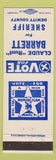 Matchbook Cover - Claude Runt Barrett Sheriff Election Dewitt County IL