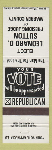 Matchbook Cover - Willard Jess Purcell Sheriff Election Calhoun County TX