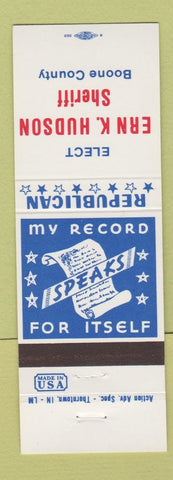 Matchbook Cover - Ern K Hudson Sheriff Boone County IN