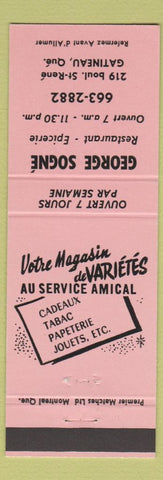 Matchbook Cover - George Sogne Restaurant Gatineau QC