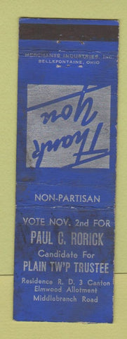 Matchbook Cover - Paul C Rorick Plain Township Trustee OH POOR Merchants