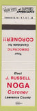 Matchbook Cover - J Russell Noga Coroner Lawrence County