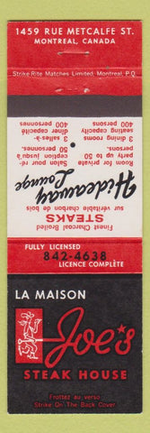 Matchbook Cover - La Maison Joe's Steak House Montreal QC
