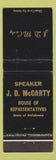 Matchbook Cover - Speaker JD McCarty House of Representatives Oklahoma OK WEAR