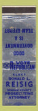 Matchbook Cover - Donald L Reisig Ingham County Prosecutor MI WEAR