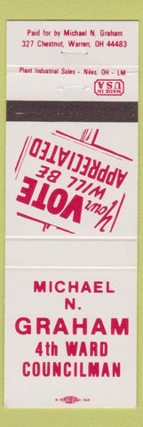Matchbook Cover - Michael N Graham 4th Ward Councilman Warren OH