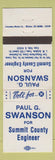 Matchbook Cover - Paul Swanson Summit County Engineer  Cuyahoga Falls OH