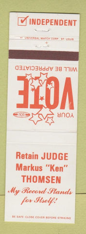 Matchbook Cover - Judge Markus Ken Thomsen Election Burlington WI
