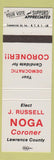 Matchbook Cover - J Russell Noga Coroner Lawrence County