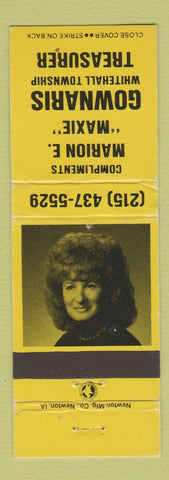 Matchbook Cover - Marion Maxie Gownaris Whitehall Township Treasurer PA