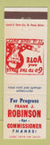 Matchbook Cover - Frank J Robinson Commissioner Election