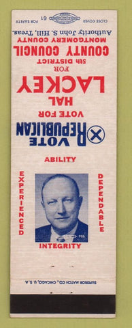 Matchbook Cover - Hal Lackey County Council Montgomery County MD