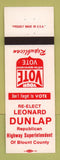 Matchbook Cover - Leonard Dunlap Highway Superintendent Blount County TN?