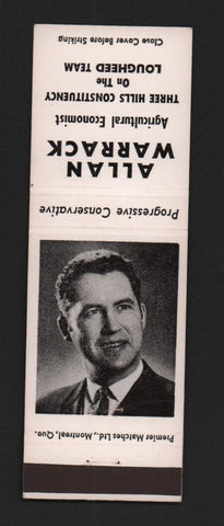 Matchbook Cover - Allan Warrack Agricultural Economist Lougheed AB election
