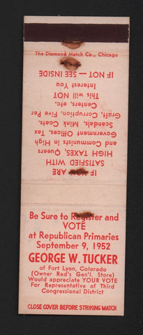 Matchbook Cover - George W Tucker Fort Lyon Colorado Congress WEAR