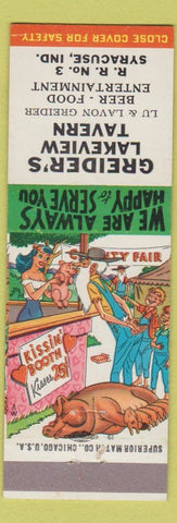 Matchbook Cover - Greider's Lakeview Tavern Syracuse IN hillbilly Kissing Booth