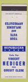 Matchbook Cover - Vincent Hediger Circuit Clerk Republican Election
