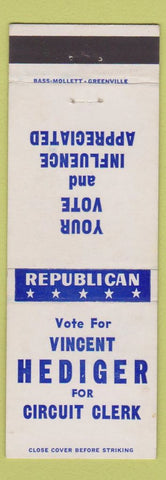 Matchbook Cover - Vincent Hediger Circuit Clerk Republican Election