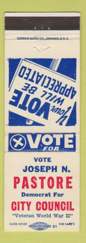 Matchbook Cover - Joseph N PAstore City Council Election Democrat