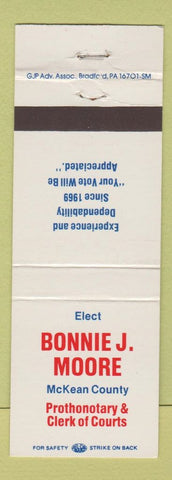 Matchbook Cover - Bonnie J Moore McKEan County PA Prothonotary Clerk of Courts