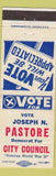 Matchbook Cover - Joseph N Pastore City Council Election Democrat