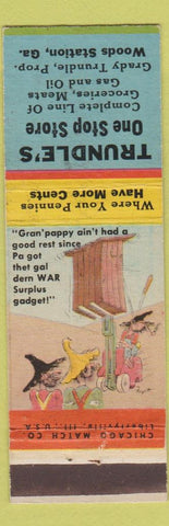 Matchbook Cover - Trundle's One Stop Store Woods Station GA hillbilly oil gas