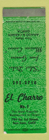 Matchbook Cover - El Charro #1 San Jose CA green WEAR