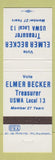 Matchbook Cover - Elmer Becker Treasurer USWA Local 13 Union