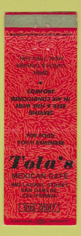 Matchbook Cover - Tola's Mexican Cafe San Carlos CA
