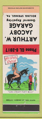 Matchbook Cover Arthur W Jacoby Garage Boiling Springs PA hillbilly Lady Godiva