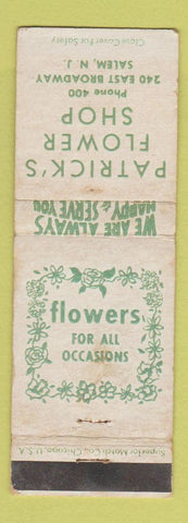 Matchbook Cover - Patrick's Flower Shop Salem NJ WORN