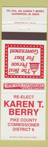 Matchbook Cover - Karen T Berry Pike County Commissioner Glenwood AL