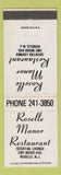 Matchbook Cover - Roselle Manor Restaurant Roselle NJ white WORN