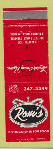 Matchbook Cover - Romi's Restaurant Sturbridge MA