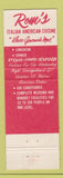 Matchbook Cover - Romi's Restaurant Sturbridge MA