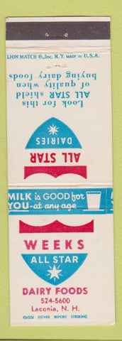 Matchbook Cover - Weeks All sTar Dairy Foods Laconia NH