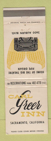 Matchbook Cover - Carl Greer Inn Sacramento CA WEAR Pipe Organ