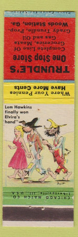 Matchbook Cover - Trundle's One Stop Store oil gas Woods Station GA hillbilly