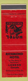 Matchbook Cover - Richmond Hotel London ON red