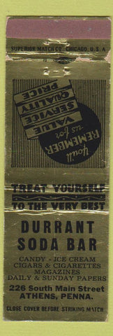 Matchbook Cover - Durrant Soda Bar Athens PA gold