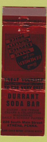Matchbook Cover - Durrant Soda Bar Athens PA red
