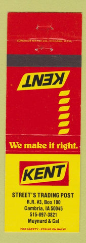 Matchbook Cover - Kent Feed Street's Trading Cambria IA